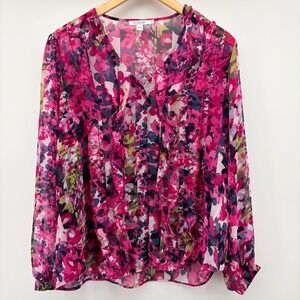 Chicos Blouse Womens 2 Pink Floral Ruffle V-Neck Long Sleeve Chiffon Top 12